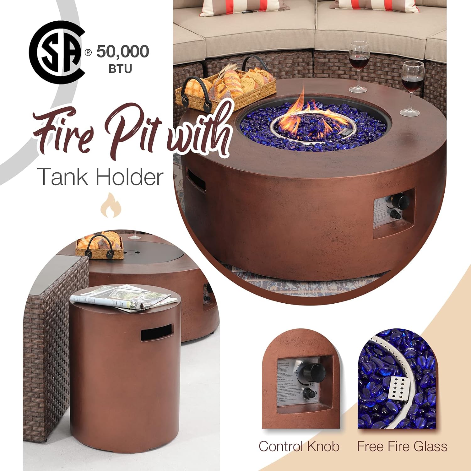 SUNSITT 12 Piece Patio Furniture Set with Fire Pit Outdoor Round Sectional Sofa with 36' Bronze Propane Fire Table & Tank Holder, Brown Rattan
