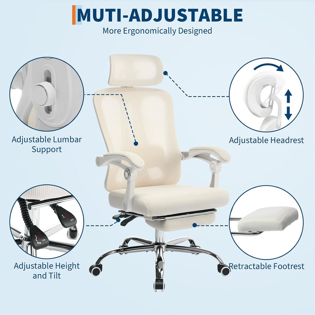 GarveeHome High Back Ergonomic Office Chair with Mesh Back, Retractable Footrest, Adjustable Headrest & Lumbar Support – Wide Computer Desk Chair with Wheels for Home Office or Bedroom, Beige