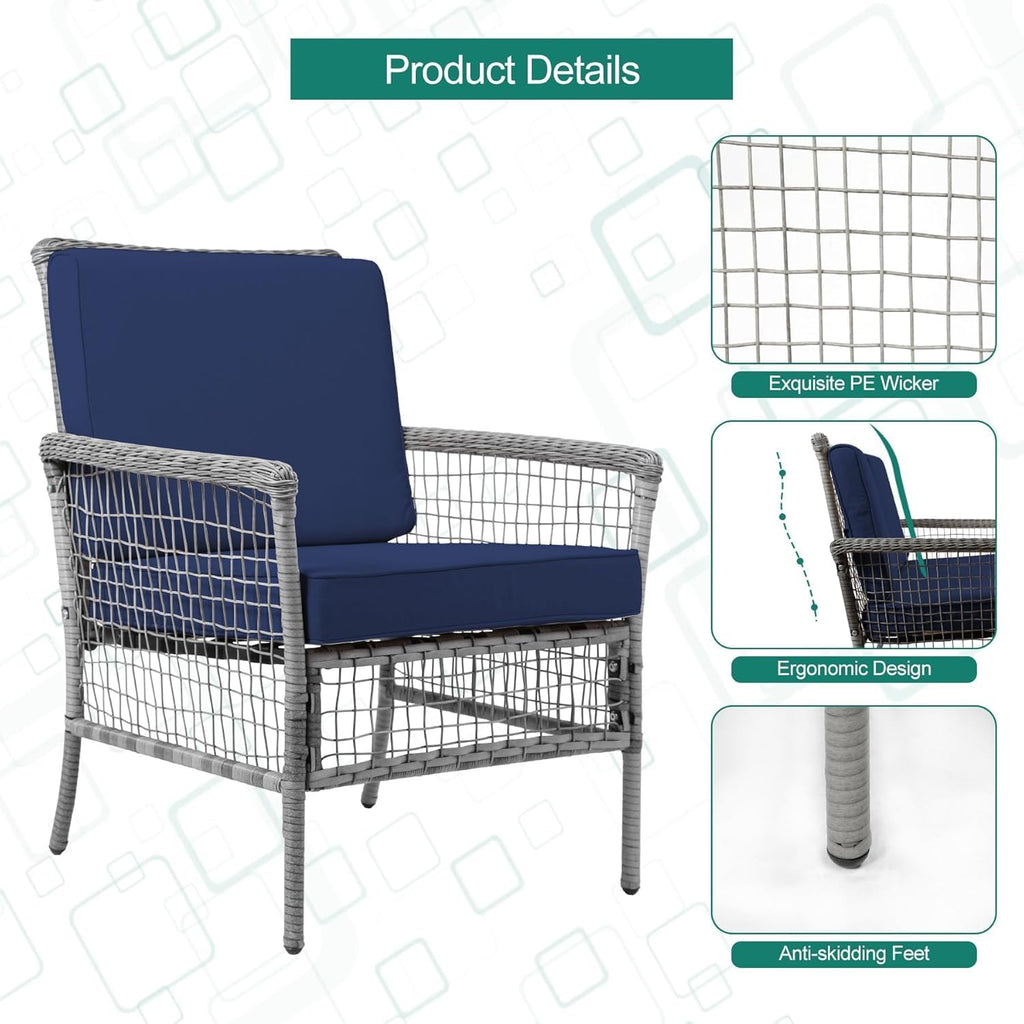 DECMICO 4 Pieces Outdoor Patio Furniture Set, Wicker Rattan Chairs & Loveseat Couch with Side Table and Cushions, All-Weather Patio Seating Set for Backyard, Deck, Porch (Dark Blue)