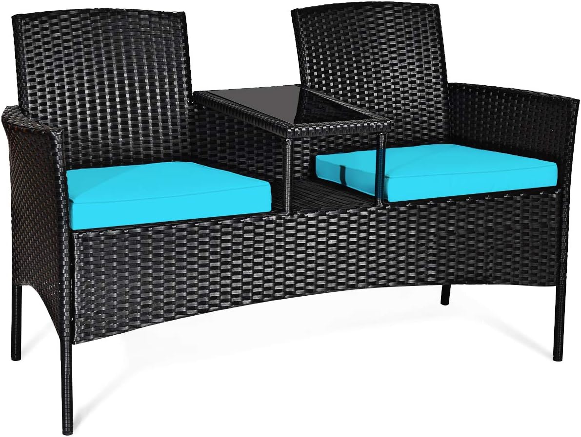 COSTWAY 2-Seat Patio Conversation Sets, Outdoor Patio Loveseat Set with Removable Cushions & Built-in Coffee Table for Backyard, Garden, Lawn, Balcony, Black+Turquoise