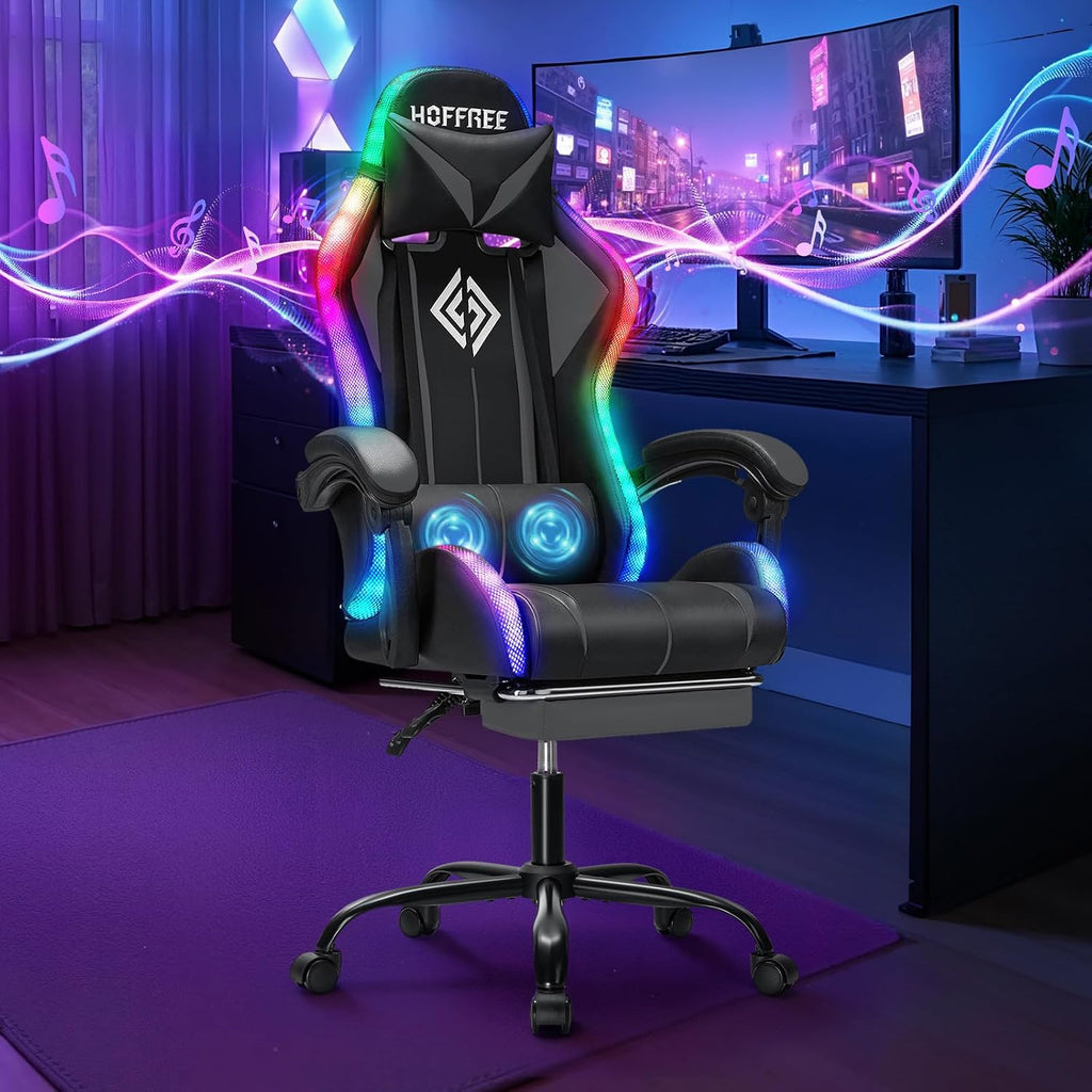 HOFFREE RGB Gaming Chair with Speakers Massage Computer Gaming Chair with LED Lights and Footrest High Back Video Game Chair for Adults Grey and Black