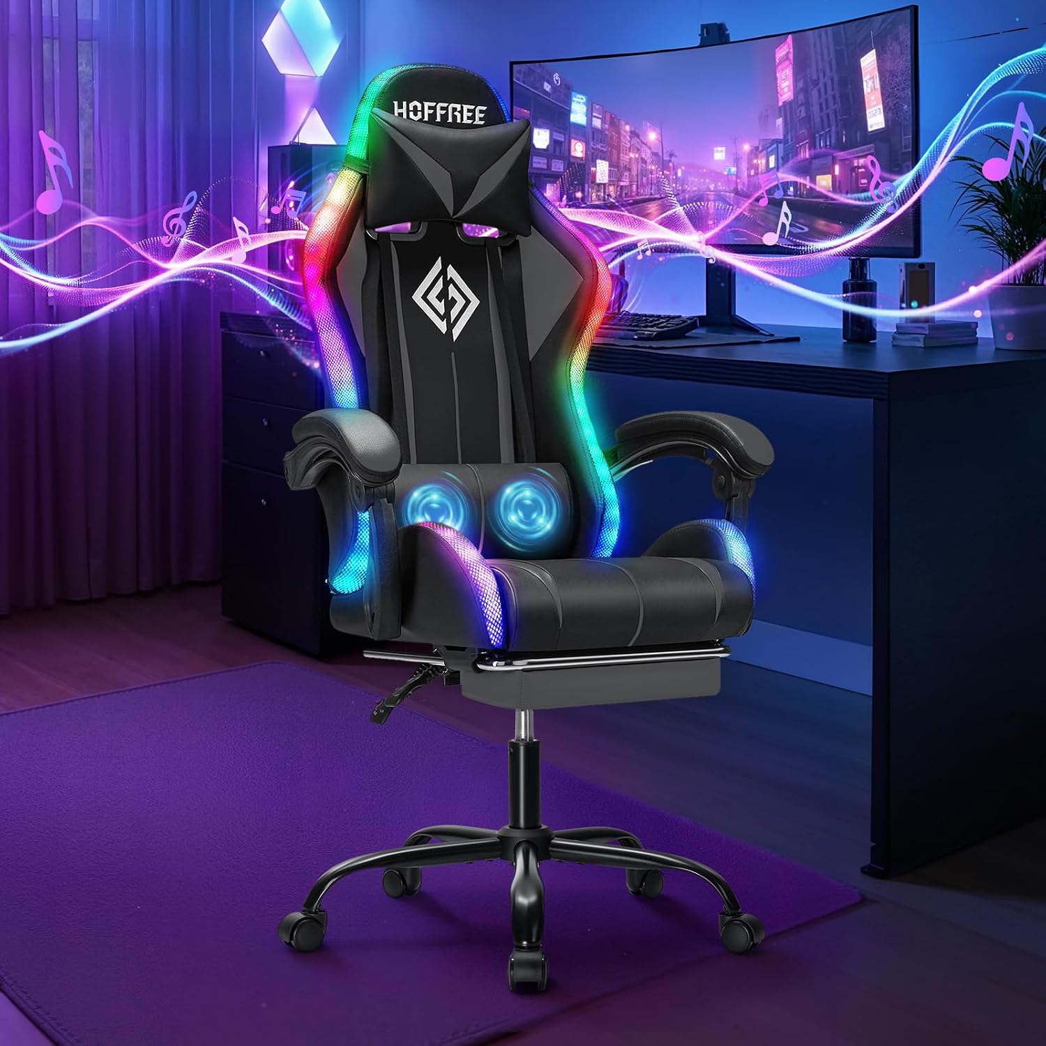 HOFFREE RGB Gaming Chair with Speakers Massage Computer Gaming Chair with LED Lights and Footrest High Back Video Game Chair for Adults Grey and Black