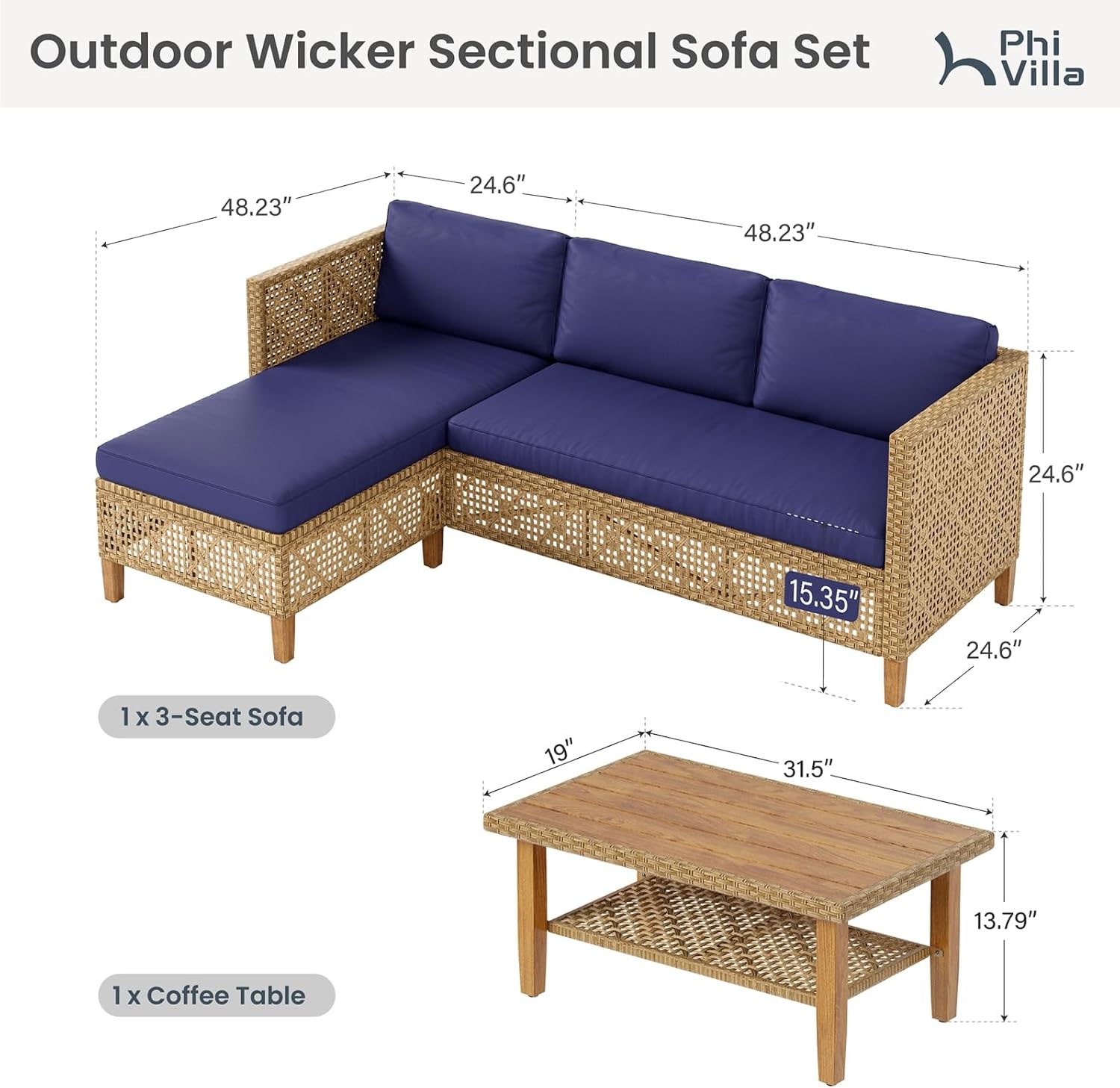PHI VILLA Sectional Outdoor Couch, L-Shaped Wicker Patio Sofa Set, Small Rattan Patio Furniture Set with Acacia Wood Coffee Table for Deck Porch, 4 Seats, Navy Blue Cushion