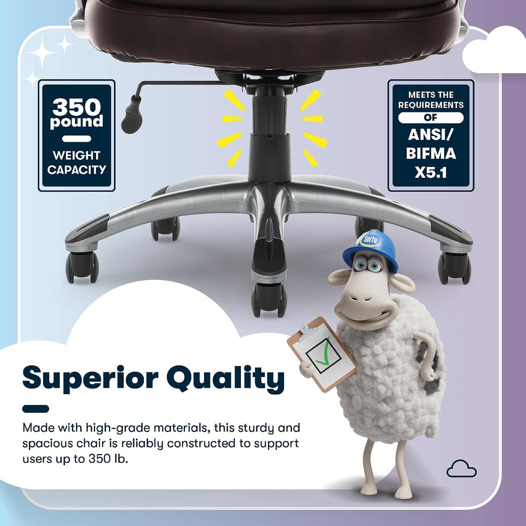 Serta Fairbanks Big and Tall Executive Office Chair - Ergonomic High Back Computer DeskChair with Lumbar Support, Memory Foam Seat Cushion, Padded Armrests, Bonded Leather, 350 lb Capacity - Brown