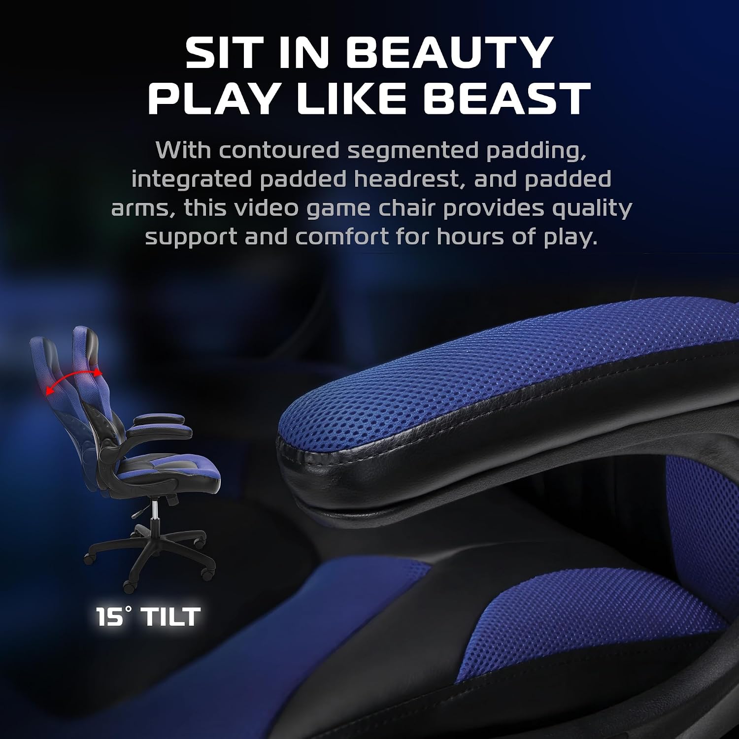 RESPAWN 3085 Ergonomic Gaming Chair for Adults, High Back Office Chair with Headrest and Flip Up Arms, Leather Racing Style Gaming Seat with Lumbar Support, Video Game Computer Desk Seat - Blue