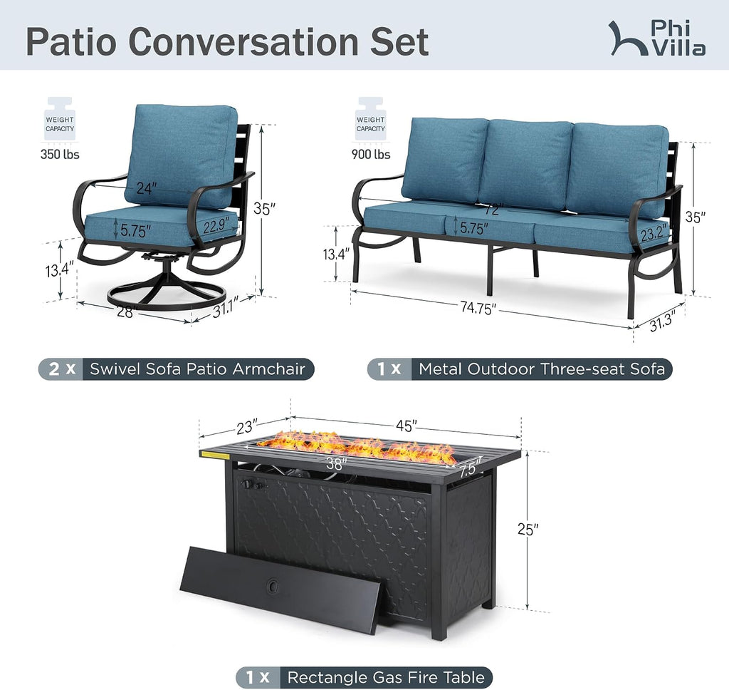 PHI VILLA 4 Piece Patio Furniture with FirePit Table, Metal Outdoor Furniture Set with 3-Seat Wide Deep Seating Bench & 2 x Swivel Sofa Chairs, Outdoor Conversation Set for 5, Navy Blue