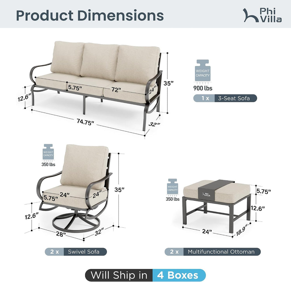 PHI VILLA 5 Piece Metal Patio Furniture Set with 5.75' Cushion, Modern Outdoor Furniture Set with 3-Seater Deep Seating Sofa, 2 Patio Swivel Chairs & 2 Ottoman, Patio Conversation Sets for Garden Deck