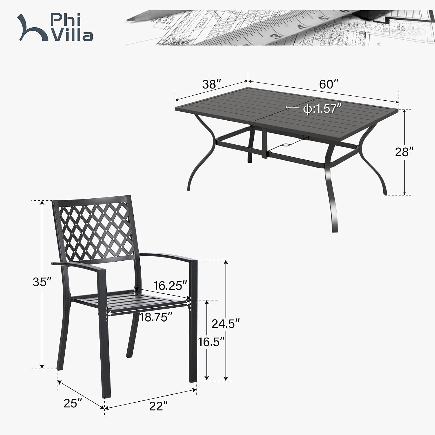 PHI VILLA 7 Piece Metal Outdoor Patio Dining Bistro Sets with Umbrella Hole, 60.2' x 37.8' Rectangle Patio Table and 6 Backyard Garden Outdoor Chairs, Black