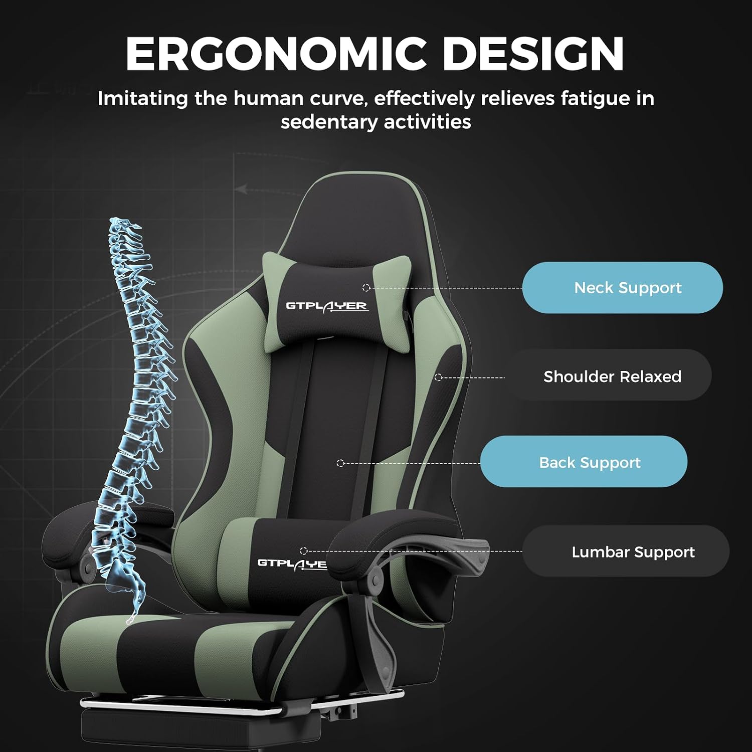 GTPLAYER Gaming Chair, Computer Chair with Footrest and Lumbar Support, Height Adjustable Game Chair with 360°-Swivel Seat and Headrest and for Office or Gaming (Green, Fabric)
