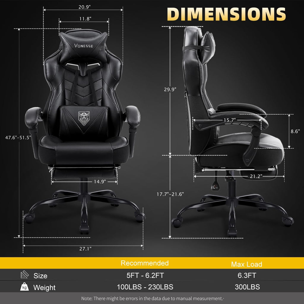 Vonesse Gaming Chair, High Back Office Chair with Footrest and Massage, Gaming Chairs for Adults with Pocket Spring Cushion, Big and Tall Reclining Computer Chair with Lumbar Support (Classic Black)