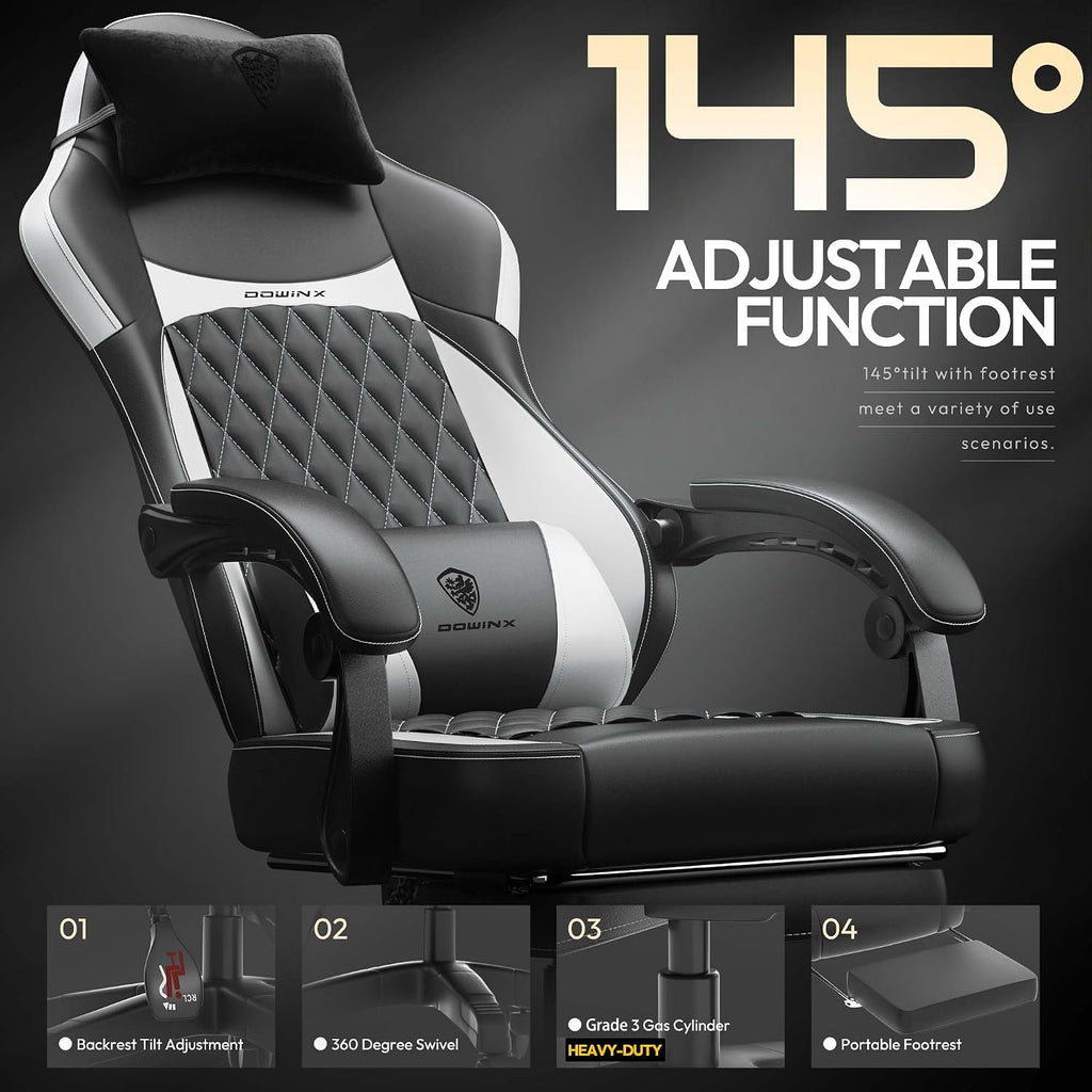 Dowinx Gaming Chair with Pocket Spring Cushion, Ergonomic Computer Chair with Massage Lumbar and Footrest for Adults, High Back Game Chair Leather for Office Gaming 300LBS, New White