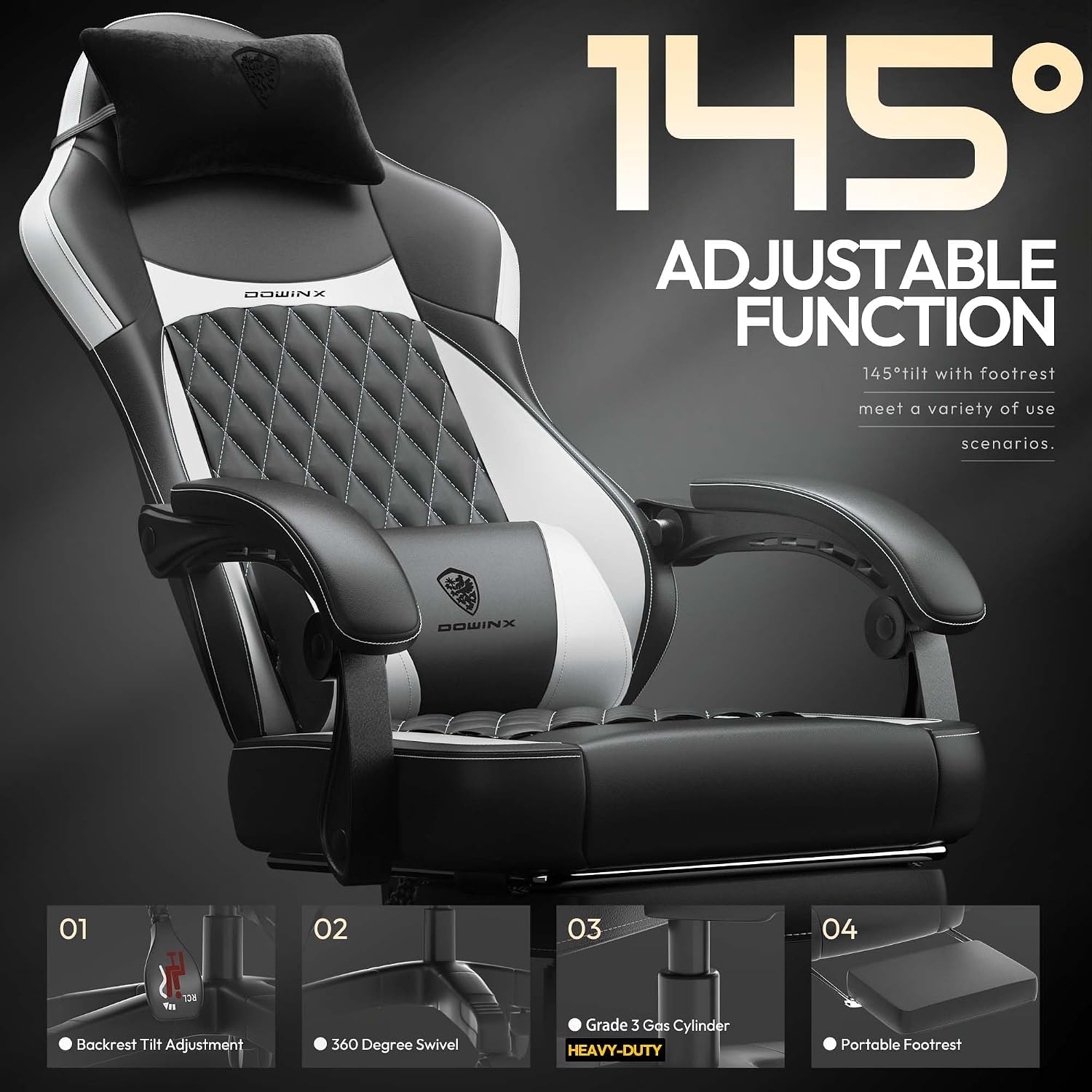 Dowinx Gaming Chair with Pocket Spring Cushion, Ergonomic Computer Chair with Massage Lumbar and Footrest for Adults, High Back Game Chair Leather for Office Gaming 300LBS, New White