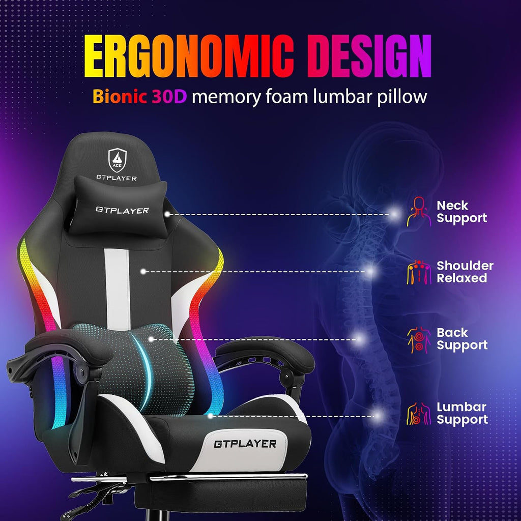 GTPLAYER RGB Gaming Chair with Footrest, LED Lights, Ergonomic Computer Chair with Linkage Armrest, Breathable Fabric for Home Office Desk - Video Game Chairs for Adults, Dim RGB