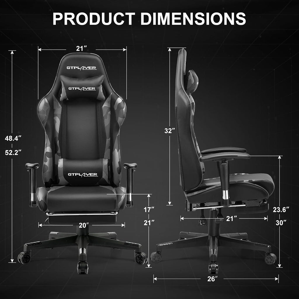 GTPLAYER Gaming Chair with Footrest, Ergonomic Computer Game Desk Chair, Recline Gaming Chair Seat Height Adjustment, Swivel Rocker with Headrest and Lumbar (Camouflage)
