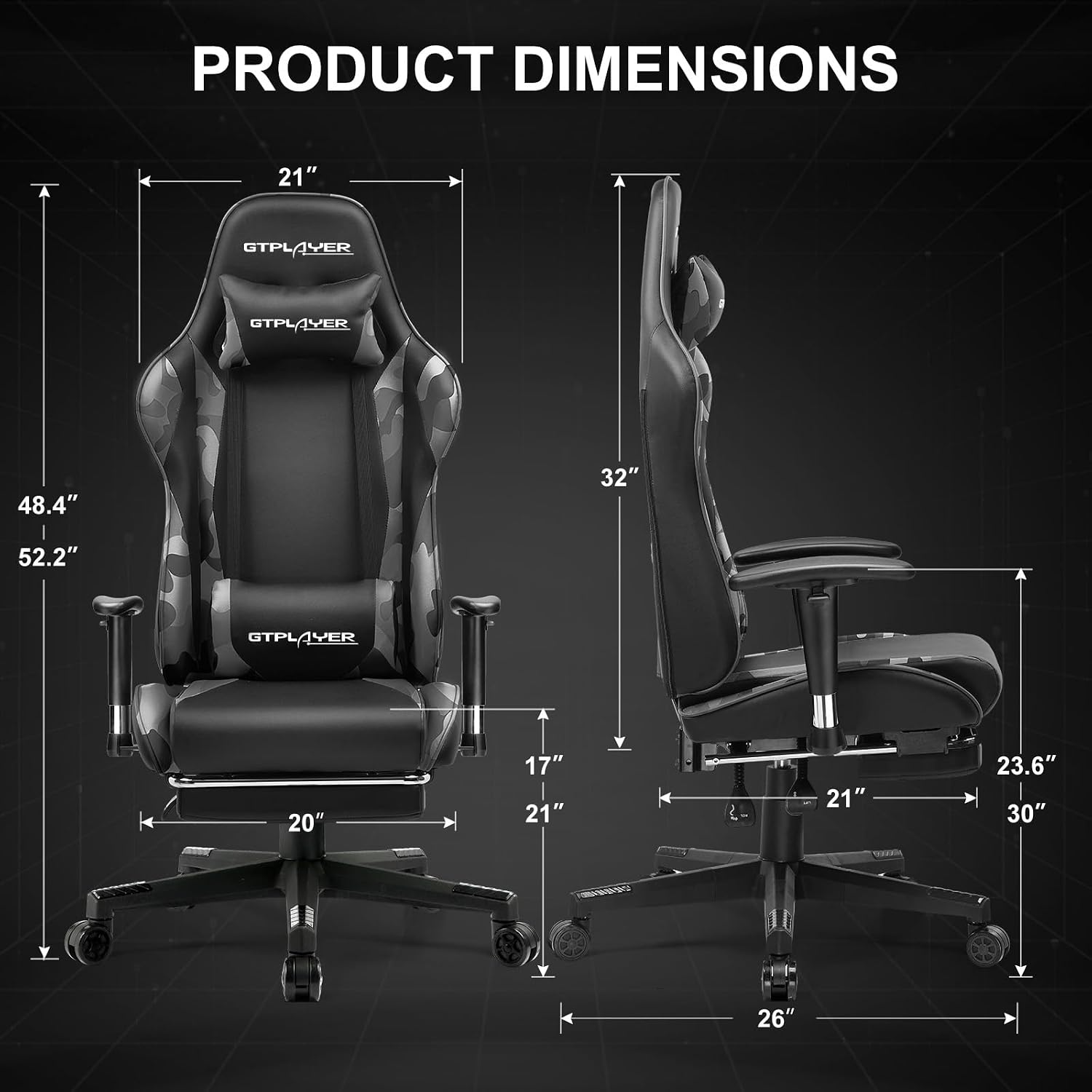 GTPLAYER Gaming Chair with Footrest, Ergonomic Computer Game Desk Chair, Recline Gaming Chair Seat Height Adjustment, Swivel Rocker with Headrest and Lumbar (Camouflage)