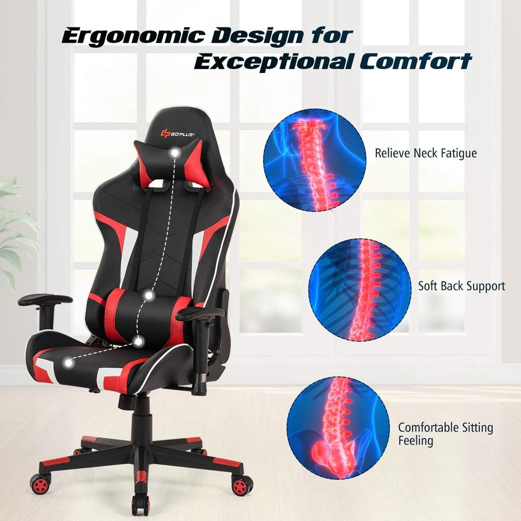 Goplus Gaming Massage Office Chair, High Back PU Leather Adjustable Arms Headrest Ergonomic Reclining Racing Chair, Rolling Swivel Executive Computer Chair