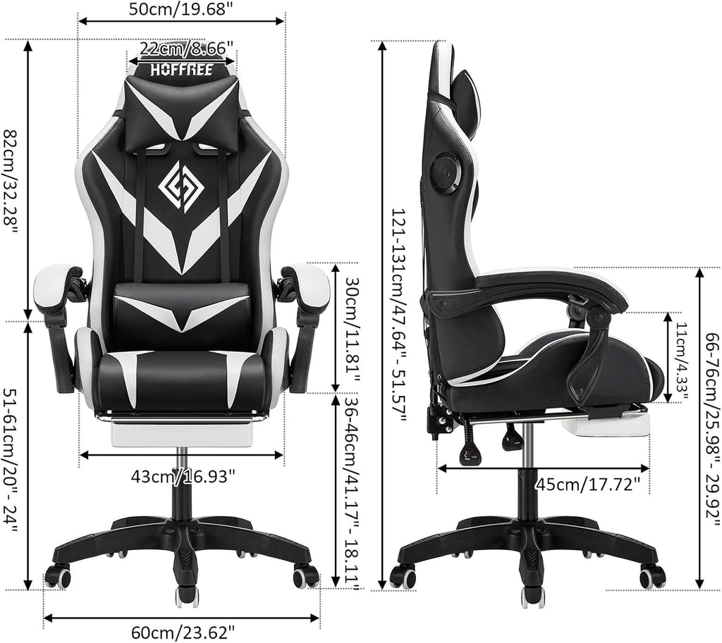 HOFFREE Gaming Chair Massage with Bluetooth Speakers and Led Lights Ergonomic Computer Gaming Chair with Footrest RGB Video Game Chair with High Back Lumbar Support White and Black