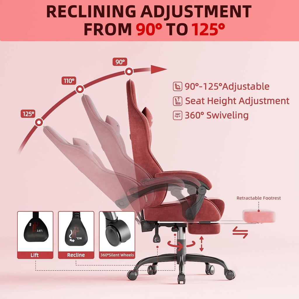Ferghana Velvet Fabric Gaming Chair, High Back Ergonomic Gamer Chair for Adult, Comfortable Video Game Chair with Footrest and Massage Lumbar Cushion, Racing Reclining Office Computer Desk Chair Red