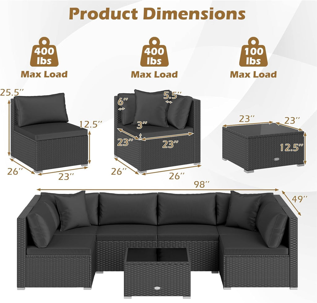 Tangkula 7 Pieces Wicker Patio Furniture Set, Outdoor Sectional Rattan Sofa Set for 6 with Seat & Back Cushions, Pillows, Coffee Table, Modular Conversation Set for Backyard, Poolside, Deck & Garden