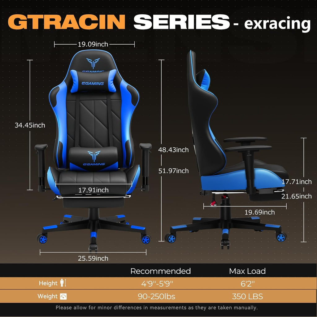 Gaming Chair with Footrest, Ergonomic High-Back PU Leather Computer Chair with 3D Adjustable Armrests, Headrest and Lumbar Support, Office Desk Chair with Diamond Stitching for Adults & Teen