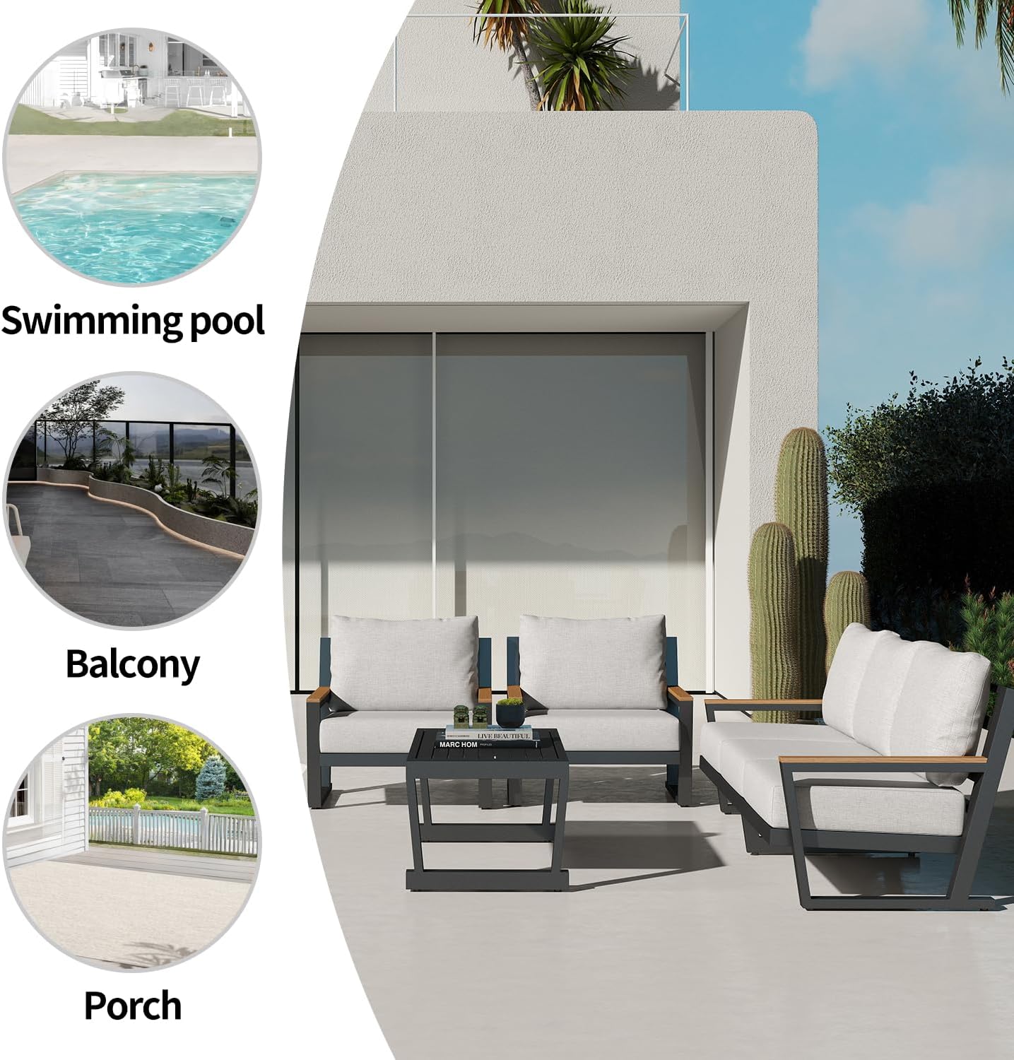 Aug-guan Aluminum Outdoor Sofa,4 Seats Modern Patio Furniture Set,Sectional Sofa Conversation Set with Coffee Table, Upgraded Washable Cushions for Garden Backyard,Grey