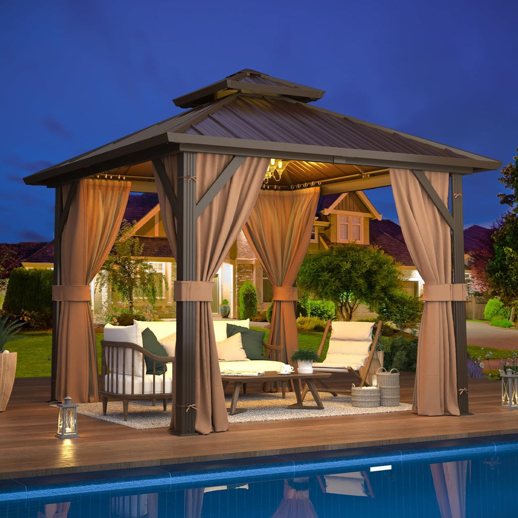 EROMMY 10'x10' Gazebo Hardtop, Galvanized Steel Double Roof Metal Gazebo with Aluminum Frame, Permanent Outdoor Pavilion with Curtain and Netting for Patio, Lawn and Garden, Brown