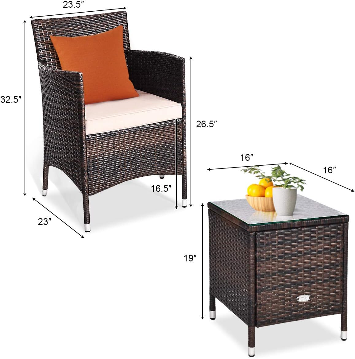 DORTALA Wicker Patio Furniture Set 3 Piece, Small Outdoor Table & Chairs Set with Cushions, All-Weather Rattan Conversation Bistro Set for Balcony, Porch, Backyard, Deck, Beige