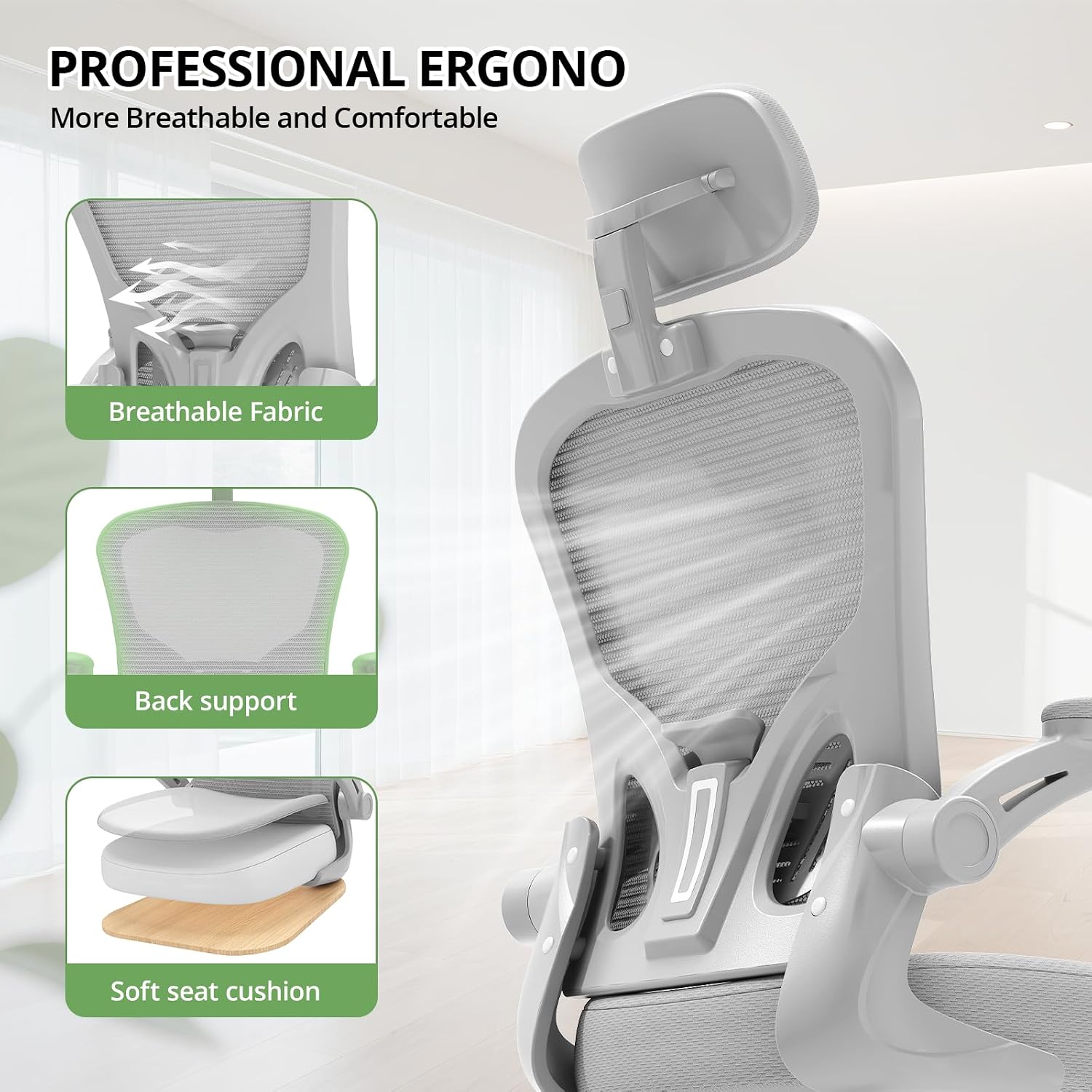 Synorla Office Chair Ergonomic Desk Chair, 330LBS Capacity, High Back Computer Design for Long Hours Comfort, Rolling Swivel Executive Task for Home Office with Flip-up Armrests（Grey）