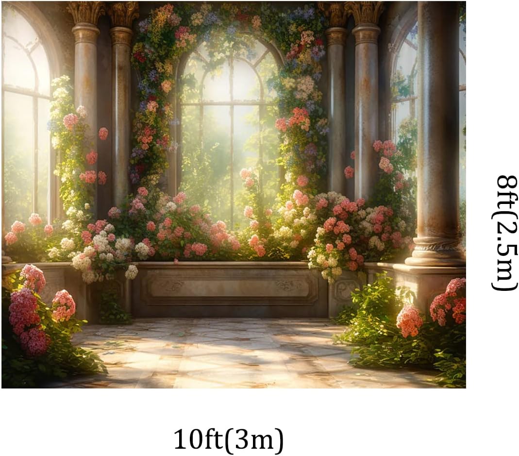 Kate 10x8ft Spring Pink Flowers Scenic Photography Backdrops Garden Pavilion Sunshine Floral Wall Photo Background Wedding Girls Birthday Party Backdrop Shooting