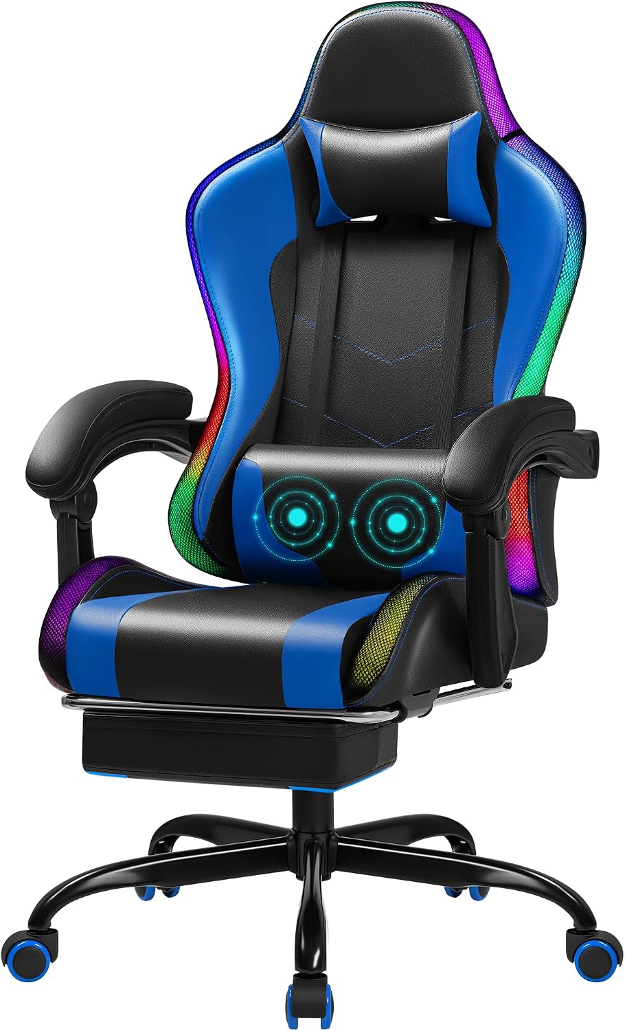 Gaming Chair with RGB, Computer Gaming Chairs with LED Lights and Footrest for Home, Office, Blue and Black