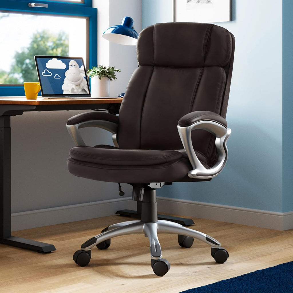 Serta Fairbanks Big and Tall Executive Office Chair - Ergonomic High Back Computer DeskChair with Lumbar Support, Memory Foam Seat Cushion, Padded Armrests, Bonded Leather, 350 lb Capacity - Brown