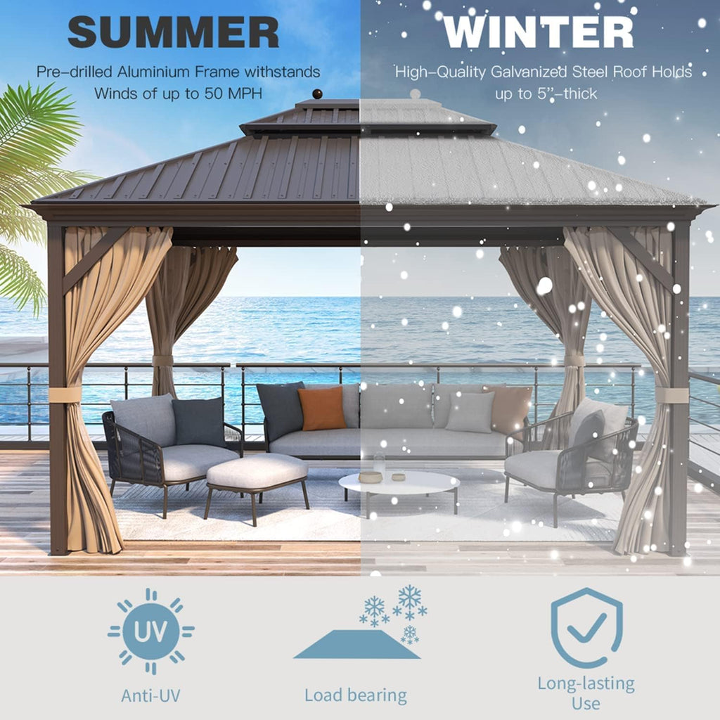 MELLCOM 12' x 14' Hardtop Gazebo, Brown Permanent Pavilion Gazebos with Curtains and Netting, Galvanized Steel Metal Double Roof with Aluminum Frame for Patios, Gardens, Lawns