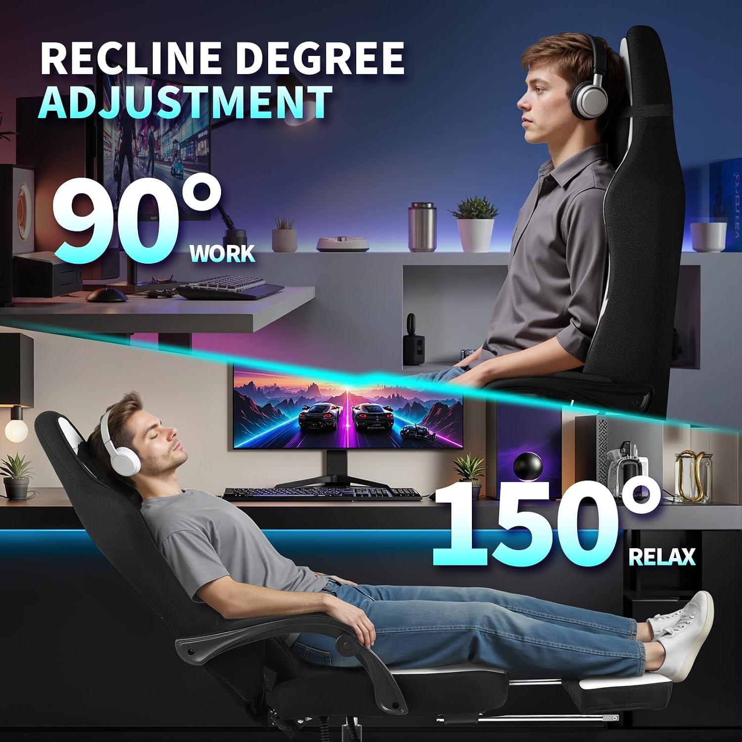 Gaming Chair Fabric, Ergonomic Computer Chair with Footrest, Video Gamer Chair with Pocket Spring Cushion,Linkage Armrests and Headrest Lumbar Support,Swivel Height Adjustable Office Chair for Adults