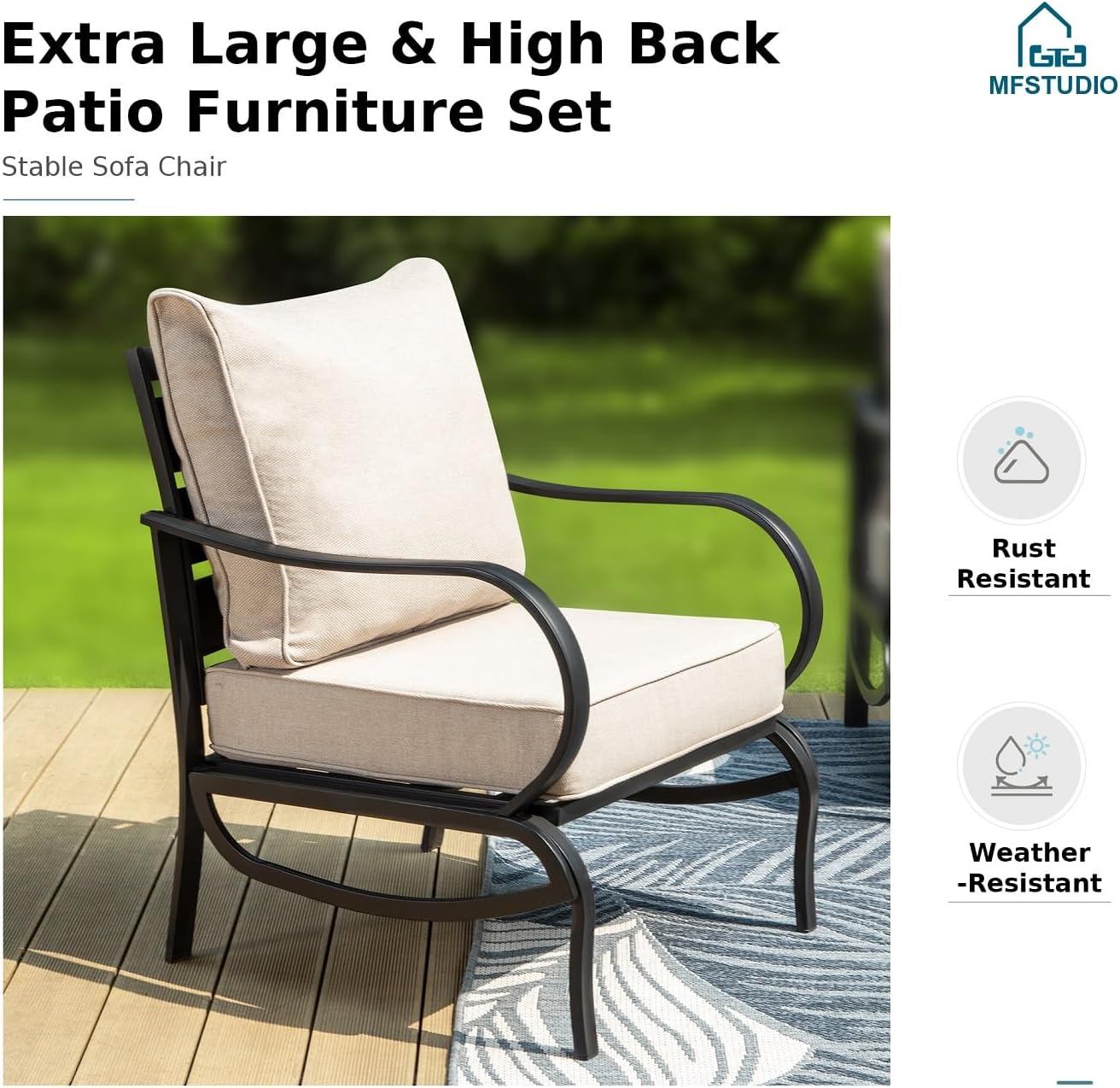 MFSTUDIO 5 Pieces Patio Conversation Sets, Outdoor Metal Furniture Sofas with 1 x 28 50,000 BTU Square Propane Fire Table and 4 x Wrought Iron Frame Sofa Chairs with Beige Cushion