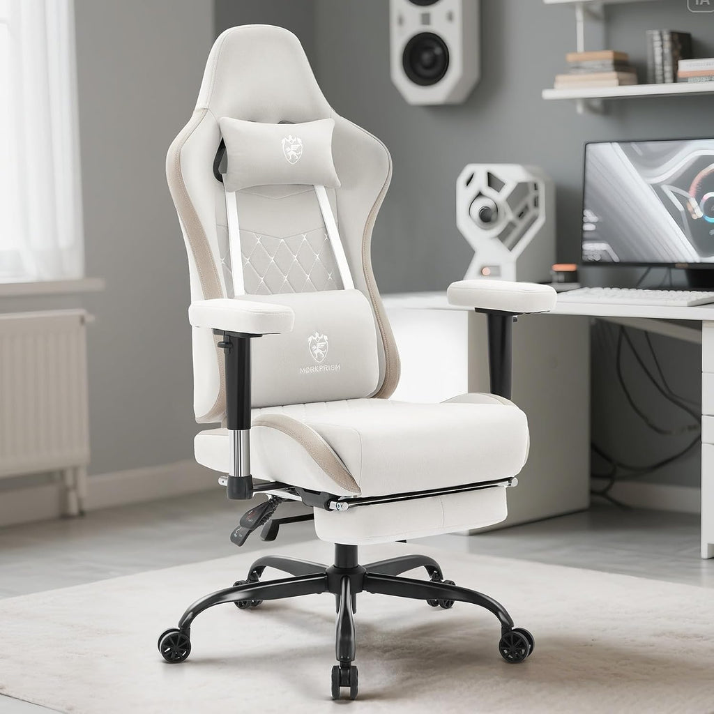 Gaming Chair Breathable Fabric,Computer Office Chair with Footrest,Massage Lumbar Support and Gel Pad,Ergonomic Reclining Gamer Chair with Adjustable Armrests and Spring Cushion Beige