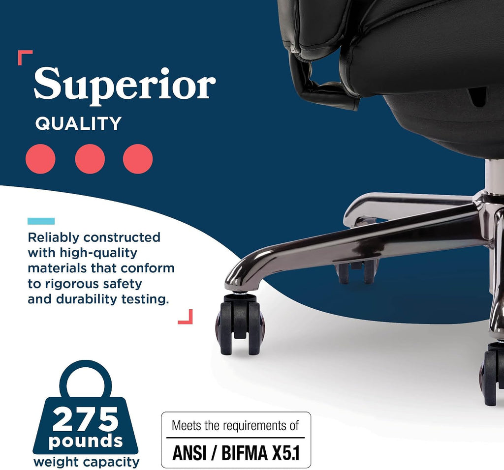 La-Z-Boy Symphony Executive Mid-Back Office Chair, Diamond Quilt Seat and Back, Pocket Coil Cushion, Padded Armrests, Ergonomic Computer DeskChair, Swivel Metal Base, Bonded Leather, Black/Graphite
