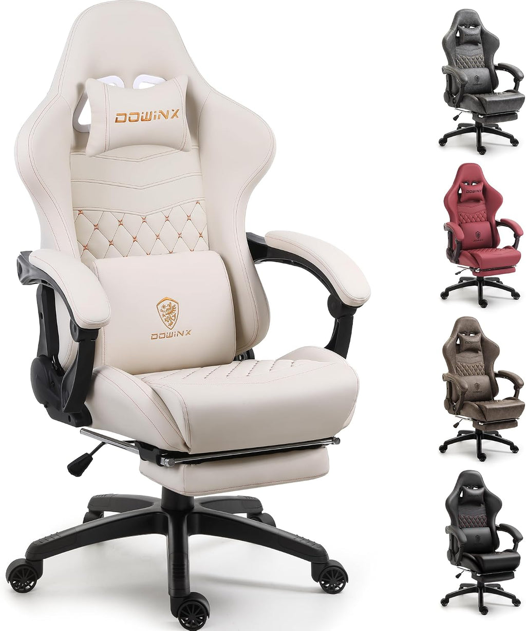 Dowinx Big & Tall Vintage Gaming Chair for Adults, 400 lb Capacity Heavy Duty Ergonomic Computer Chair with Massage Lumbar, Footrest & Easy Side Recline, Ivory