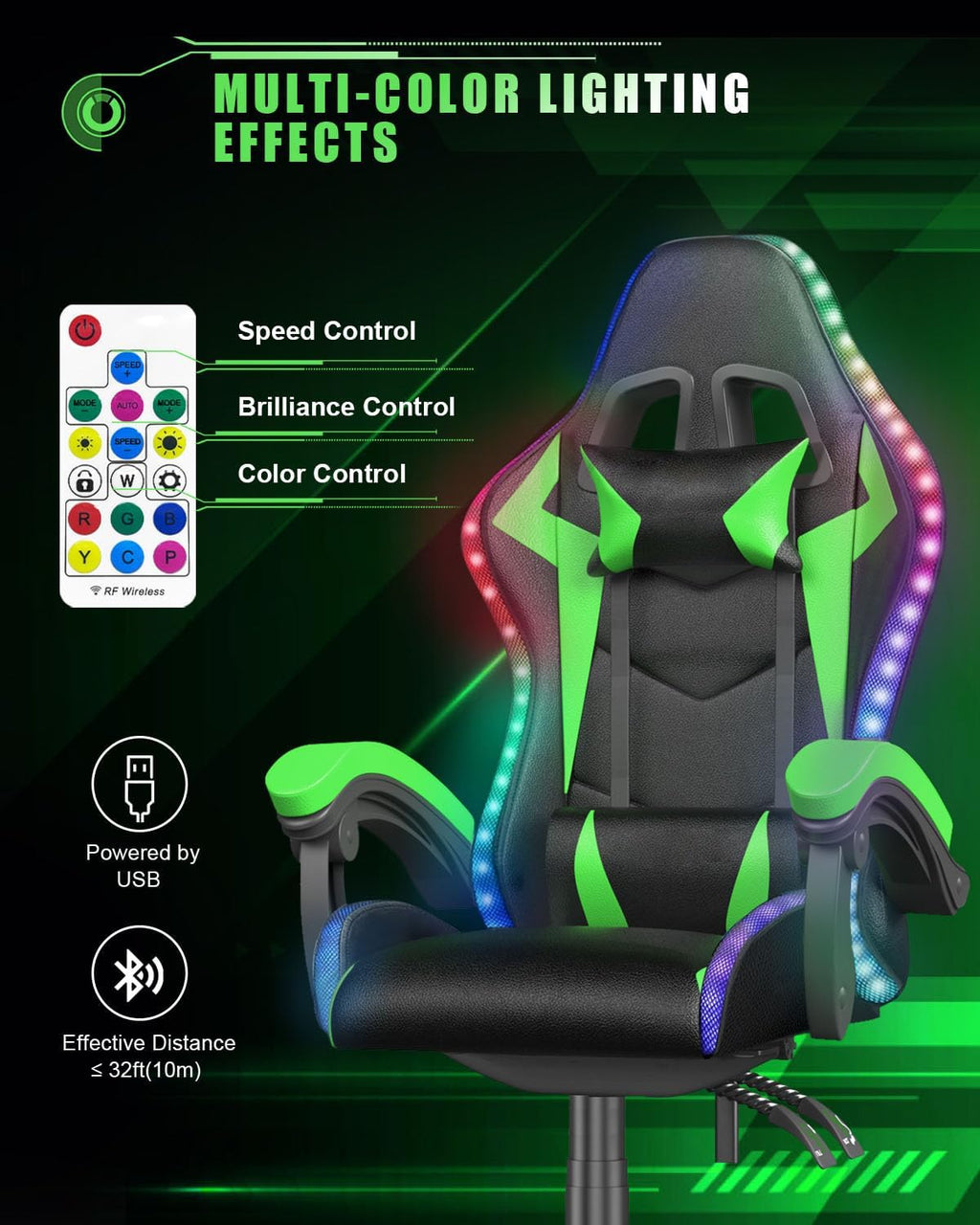 Racingreat Gaming Chair with RGB LED Lights, Ergonomic Computer Chair with Headrest and Lumbar Support, PU Leather High Back Height Adjustable Swivel Video Game Chairs for Adults(Green)