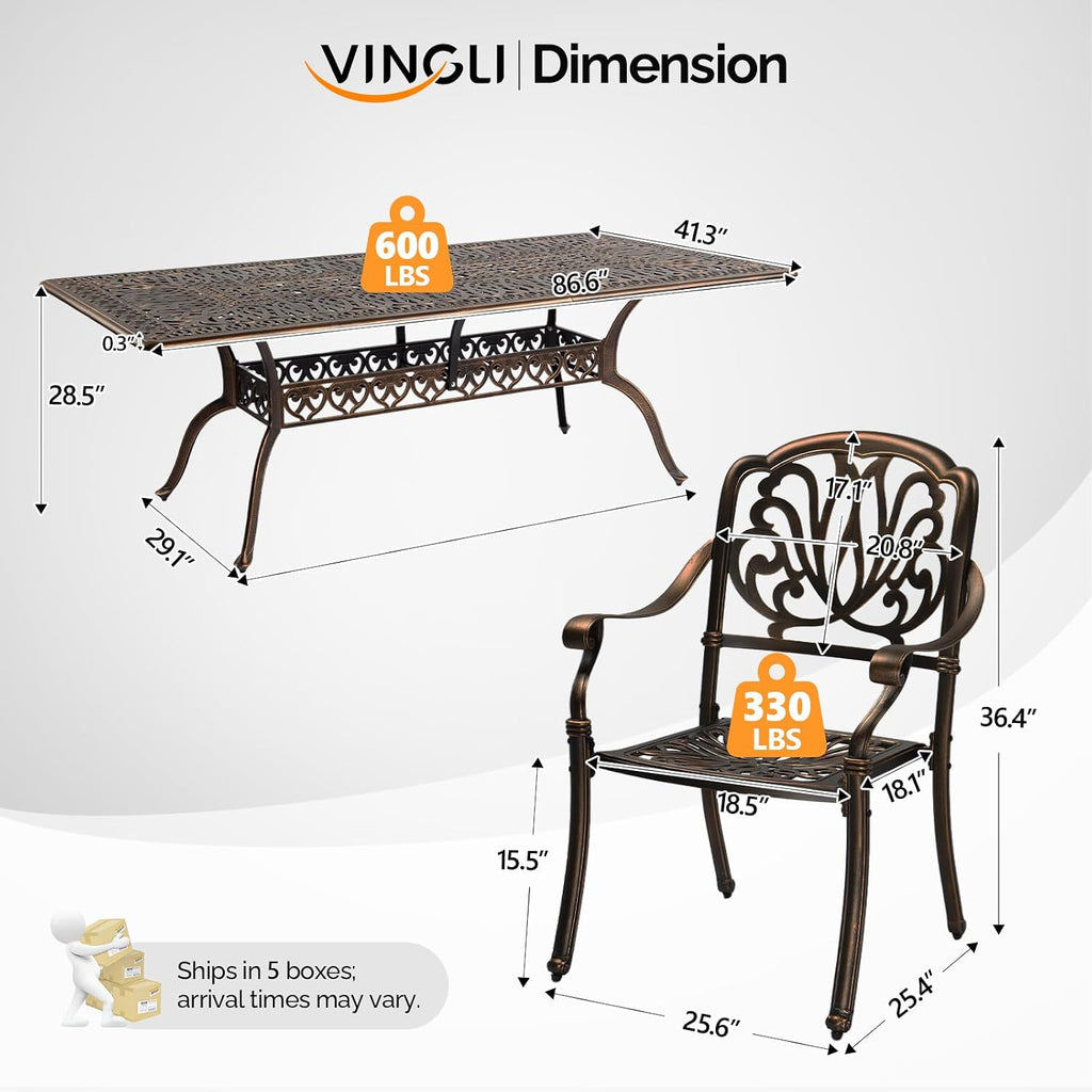 VINGLI 9-Piece Cast Aluminum Outdoor Dining Set for 8, Rectangular Patio Table with Umbrella Hole & 8 Stackable Chairs, All-Weather Garden/Poolside Furniture