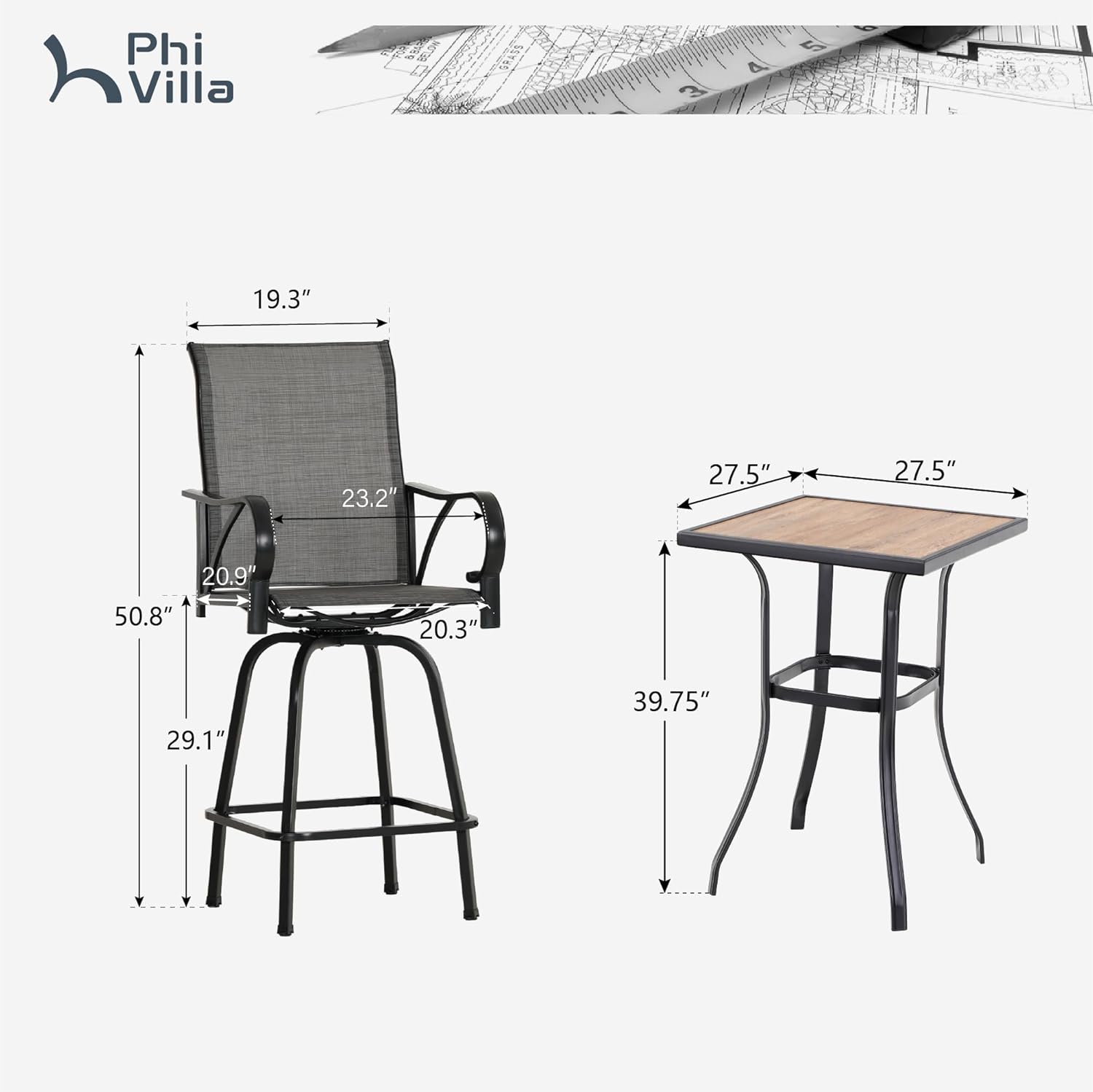 PHI VILLA 5 Piece Outdoor Bar Set, High Top Patio Table and Chairs with 4 Swivel Bar Stools (Grey) & Square Bar Bistro Table for Garden, Yard