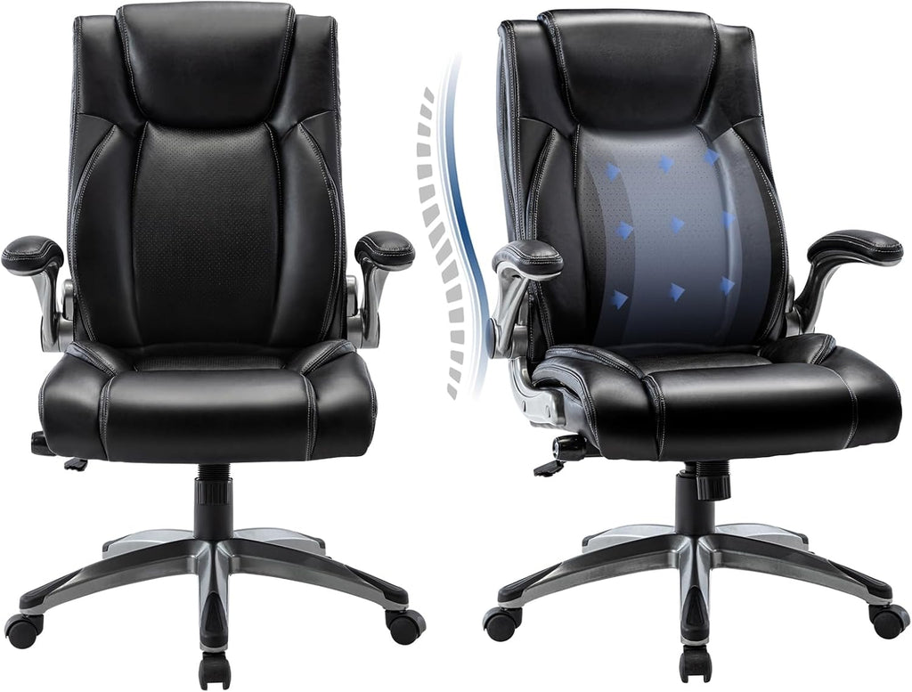 COLAMY Executive Office Ergonomic Chair with Thick Bonded Leather, 300lbs Capacity Big and Tall High Back Desk Chair with Flip-up Armrests, Adjustable Height and Tilt for Working, Study, Gaming,2PC