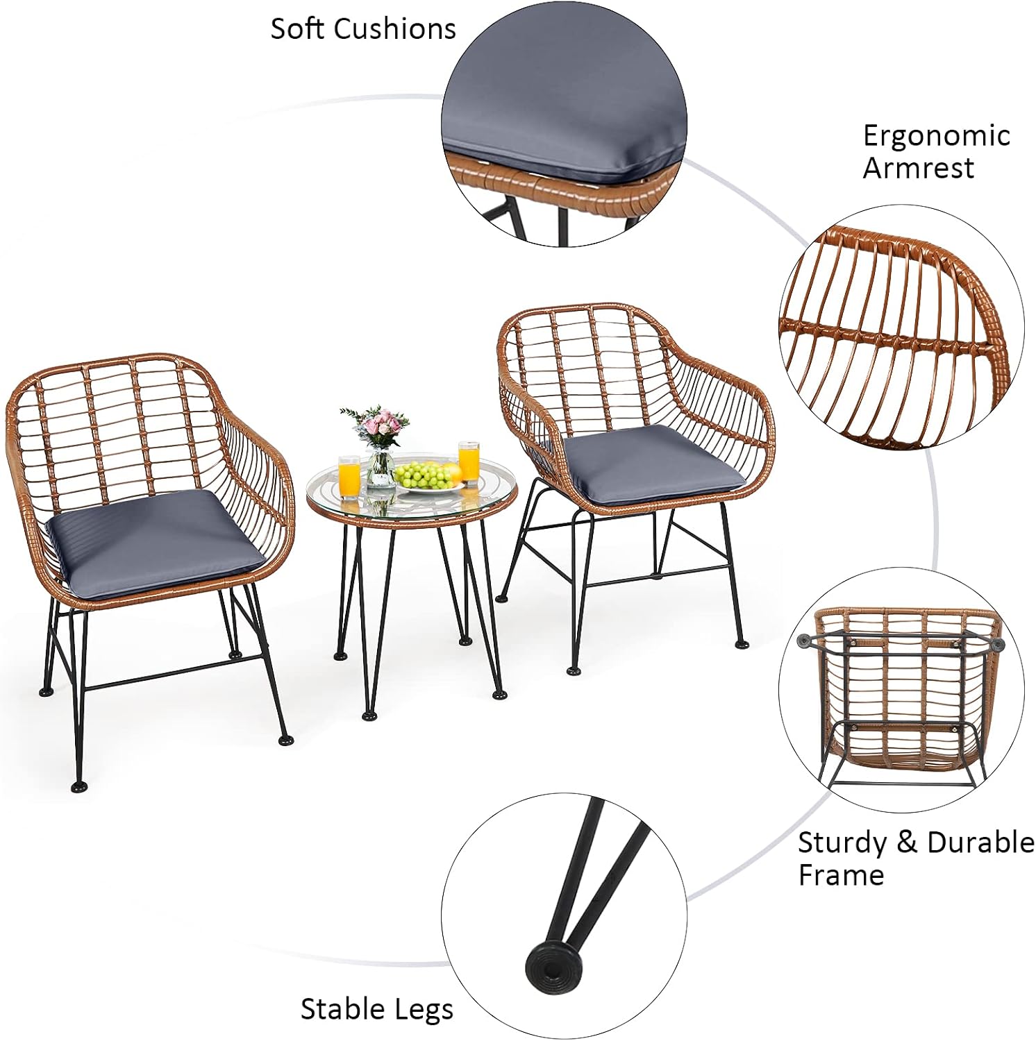 Tangkula 3 Pieces Patio Conversation Bistro Set, Outdoor Wicker Furniture w/Round Tempered Glass Top Table & 2 Rattan Armchairs, Bistro Chat Set w/Seat Cushions for Porch, Backyard, Garden