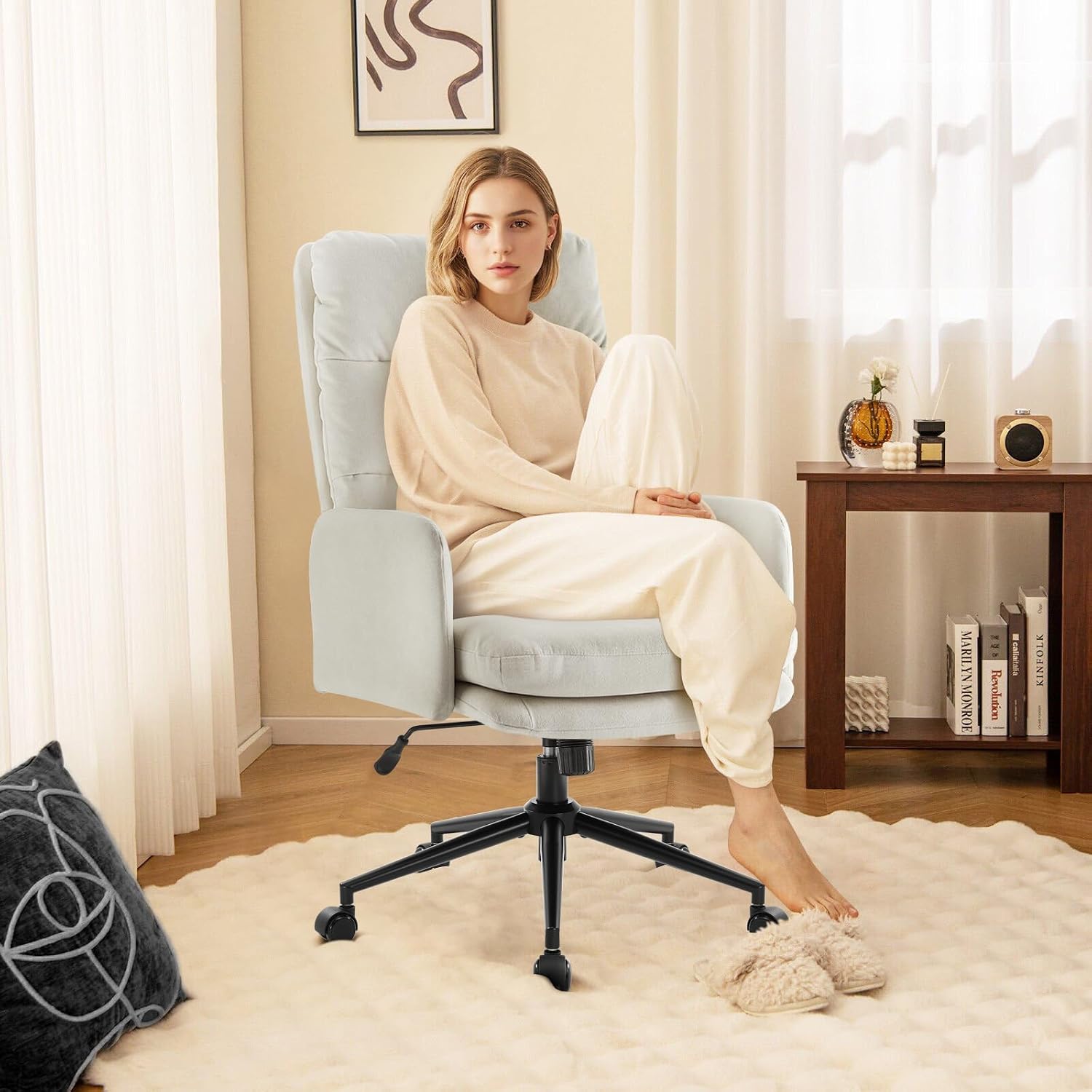IWMH Swivel Home Office Chair,High-Back Armchair,Makeup Chair with Wheels and Armrests,Height Adjustable Desk Chair Upholstered Computer Task Chair, Leisure Armchair (Beige)