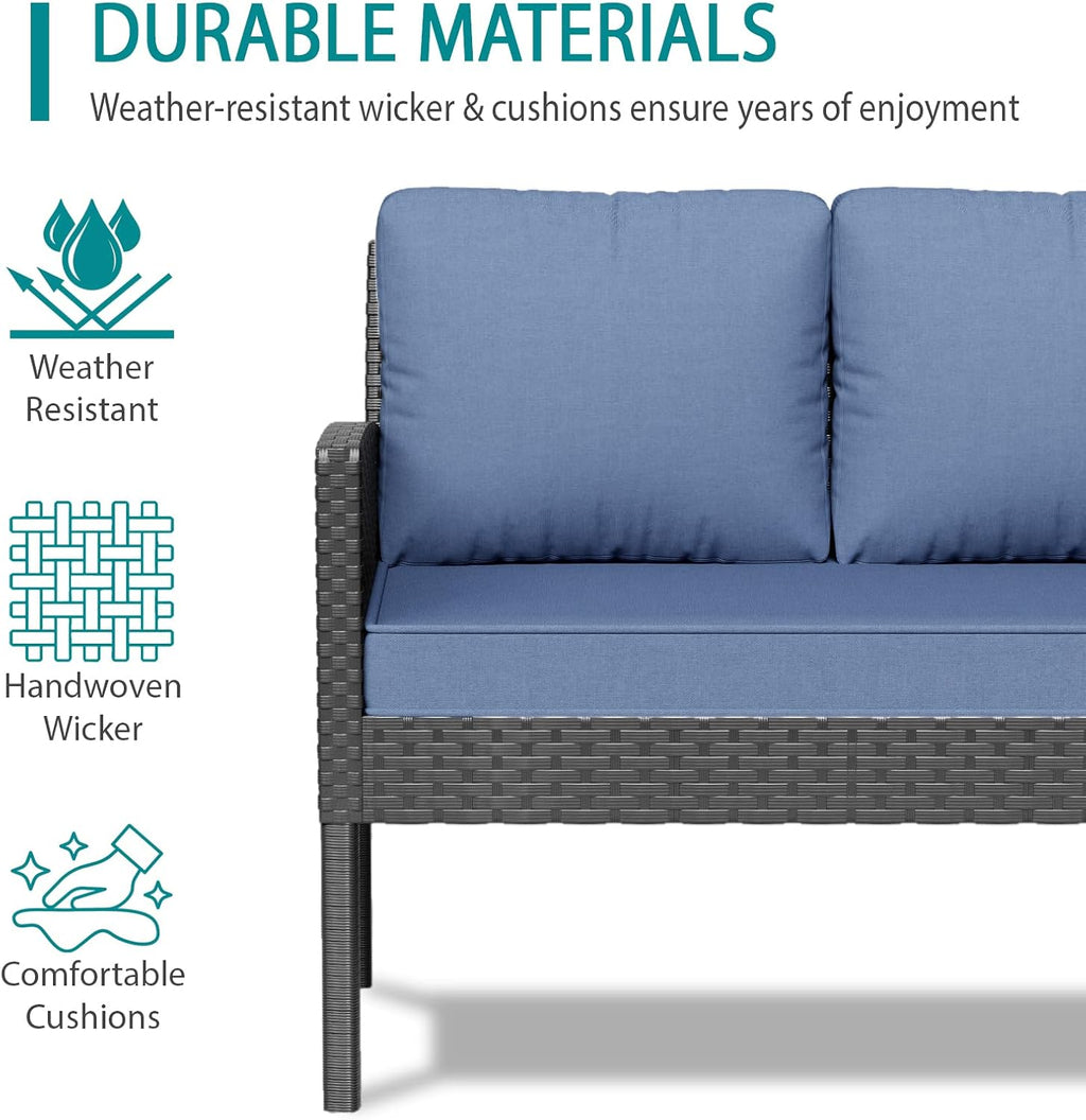 7-Piece Patio Furniture Set, All-Weather Wicker Sectional Sofa with Seat & Back Cushions, Long Glass Coffee Table, Outdoor Rattan Conversation Set for Garden, Porch, Lawn, Blue
