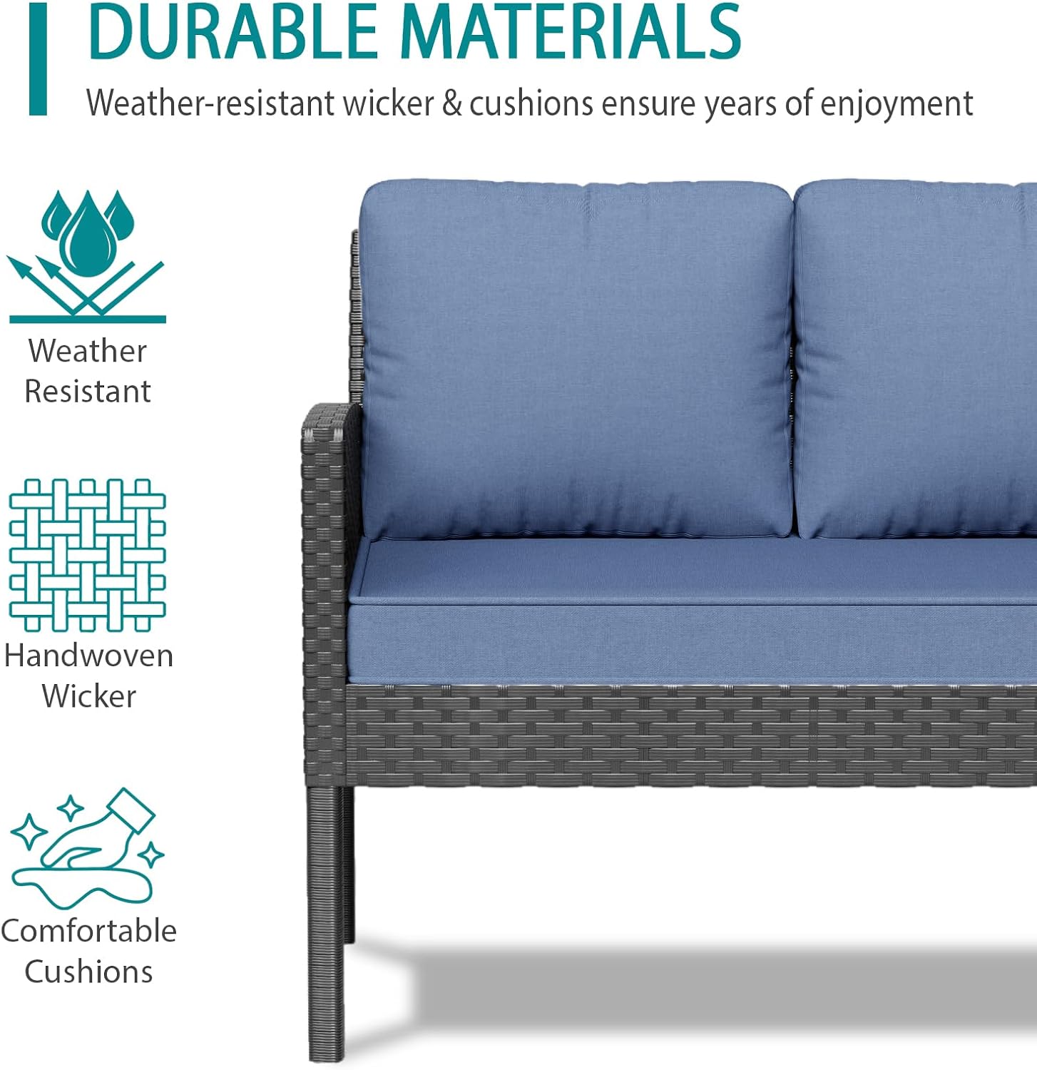 7-Piece Patio Furniture Set, All-Weather Wicker Sectional Sofa with Seat & Back Cushions, Long Glass Coffee Table, Outdoor Rattan Conversation Set for Garden, Porch, Lawn, Blue