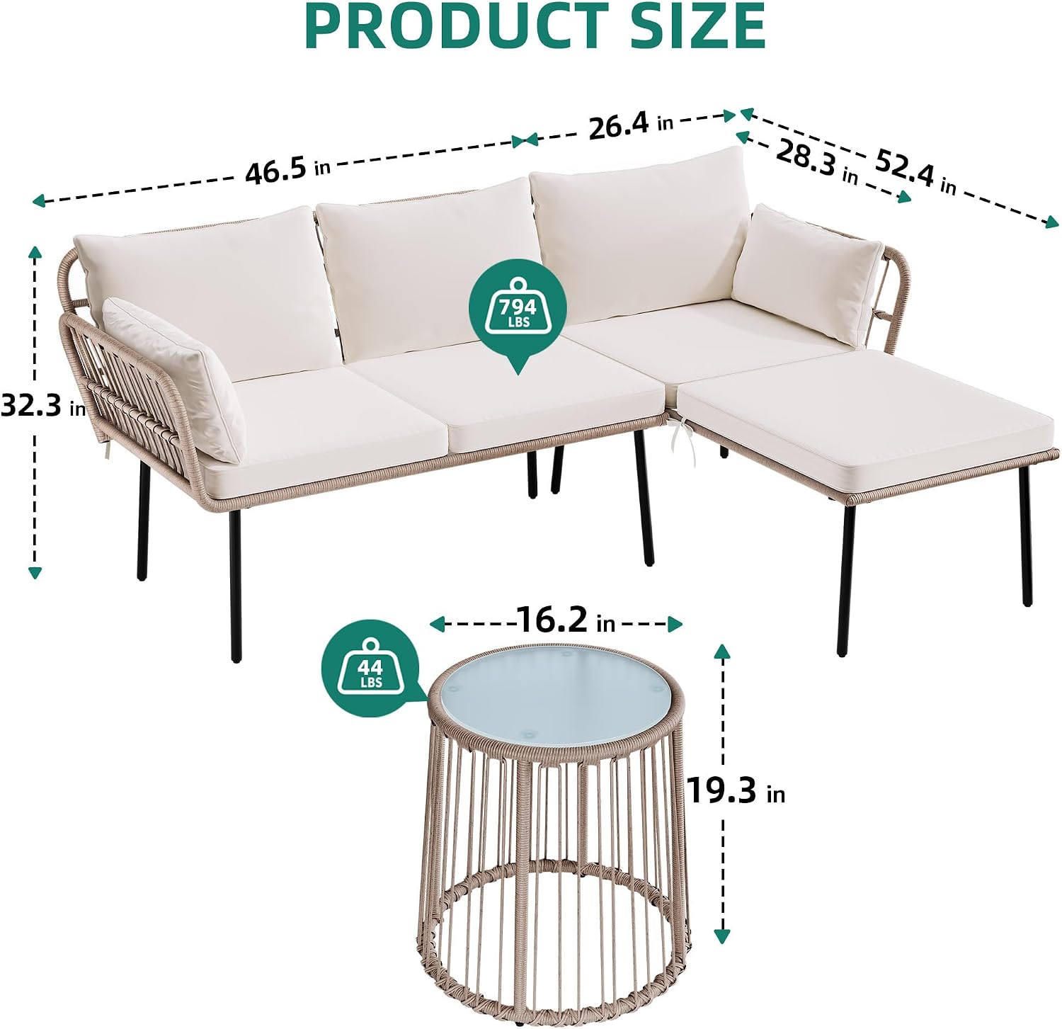 YITAHOME 3 Piece Patio Furniture Set Wicker Patio Sectional with Detachable Cushions and Coffee Table Outdoor Furniture Set L-Shaped Sectional Conversation Sofa Set for Backyard Porch Balcony - Beige