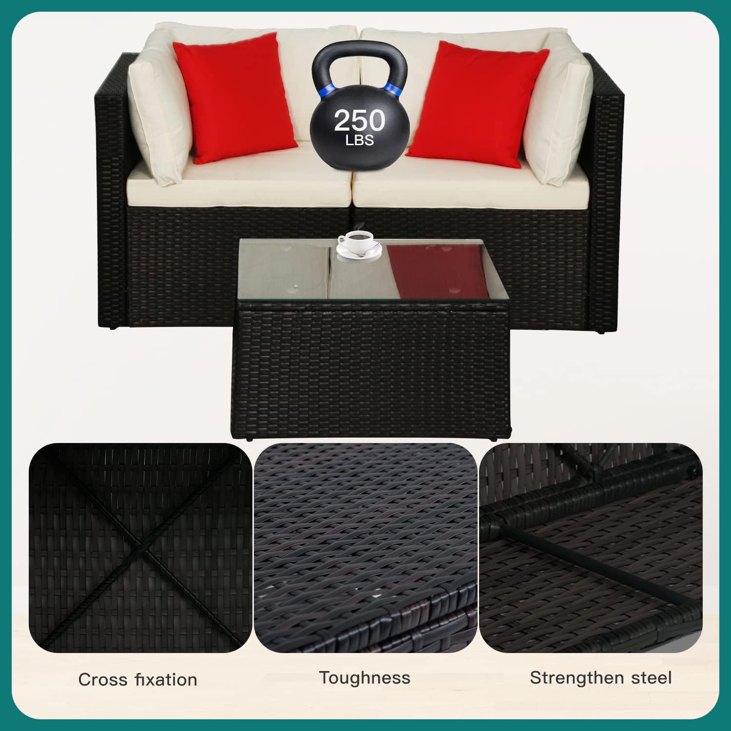 5 Pieces Patio Furniture Sets Outdoor Furniture Patio Sofa Wicker Sectional Sofa Modular Outdoor Conversation Set with 2 Red Pillow 2 Corner Chairs Armless Chair Ottoman Glass Table,Khaki Cushion