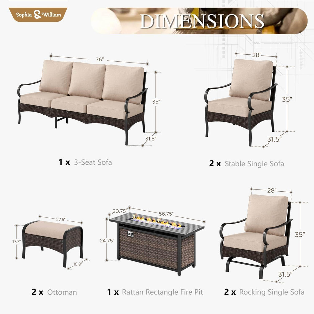 Sophia & William Patio Furniture Set with Fire Pit Table, 5 PCS Metal Outdoor Conversation Set with Fire Pit Table, 4 Sofa Chairs, 3-Seater Couch for Outdoor Seating, Backyard, Porch(Beige)