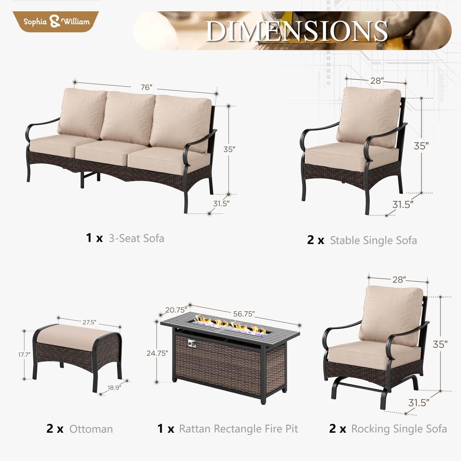 Sophia & William Patio Furniture Set with Fire Pit Table, 5 PCS Metal Outdoor Conversation Set with Fire Pit Table, 4 Sofa Chairs, 3-Seater Couch for Outdoor Seating, Backyard, Porch(Beige)