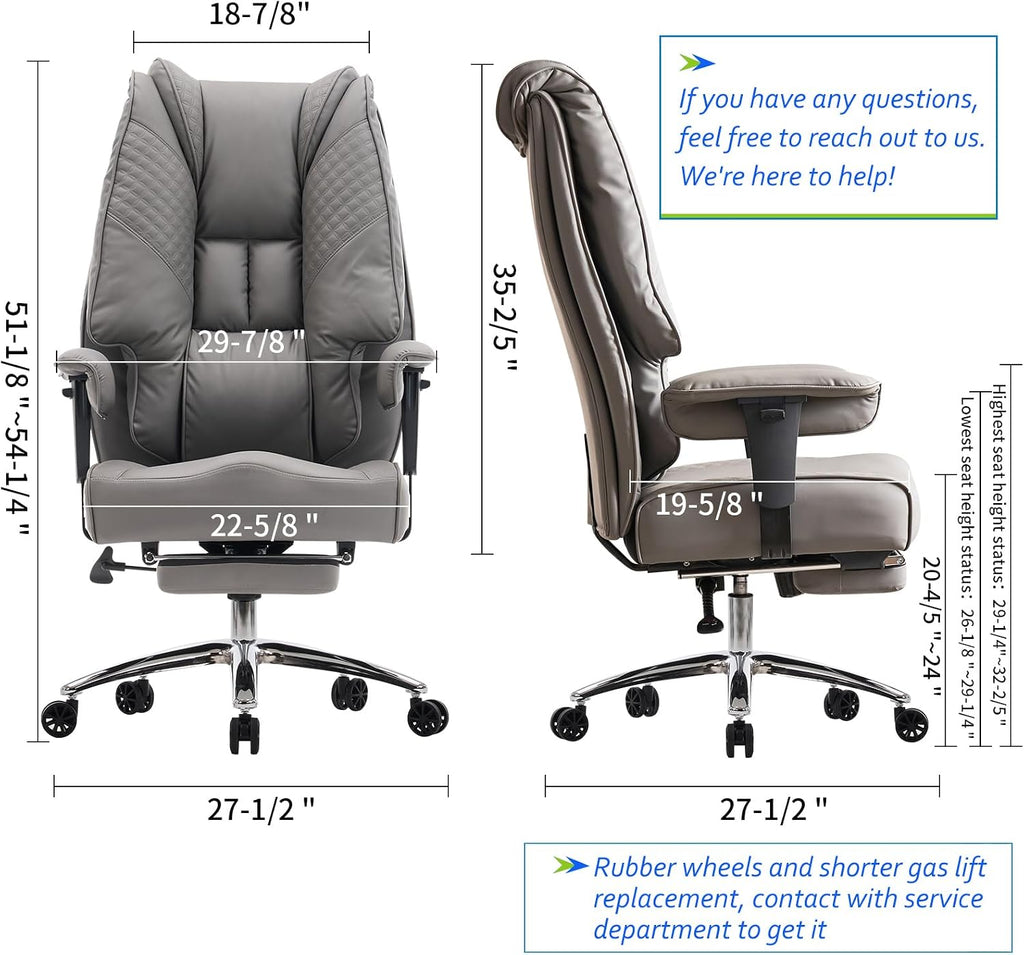 EXCEBET Big and Tall Office Chair 400lbs Wide Seat, Leather High Back Executive Office Chair with Foot Rest, Ergonomic Chairs Lumbar Support for Lower Back Pain Relief (Grey)